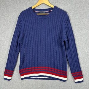 Tommy Hilfiger Womens XL Cable Knit Blue Cotton Sweater Red White Stripe USA
